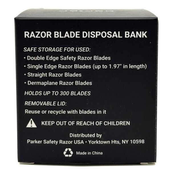 Parker blade disposal bank holding up to 300 used razor blades box back