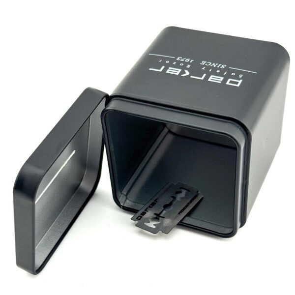 Parker blade disposal bank holding up to 300 used razor blades open