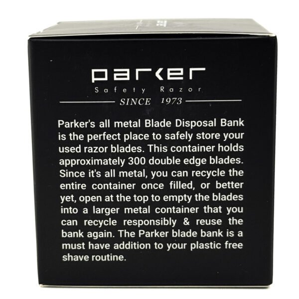 Parker blade disposal bank holding up to 300 used razor blades with box side