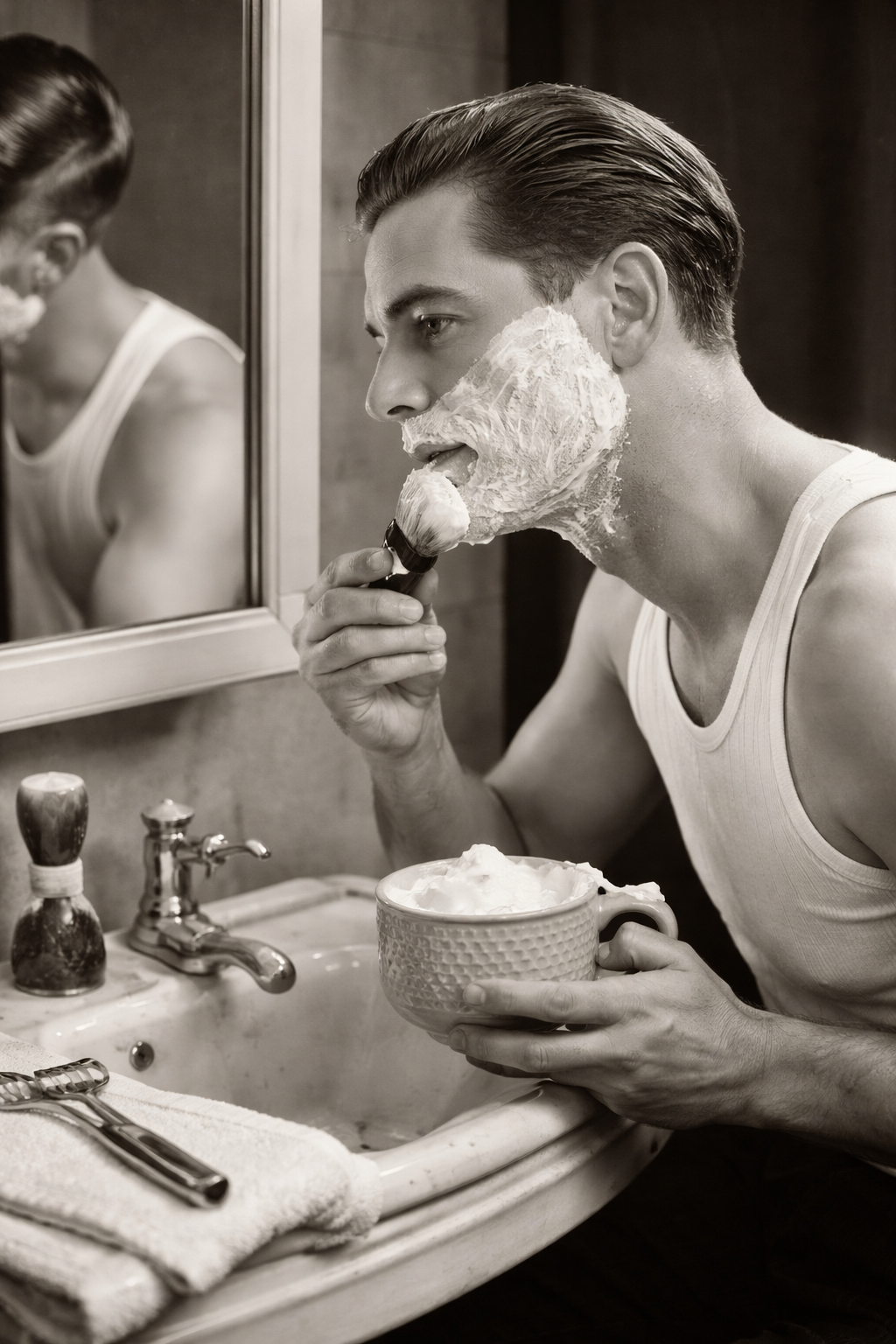 Perfect shaving lather being applied with a brush beside a double edge safety razor
