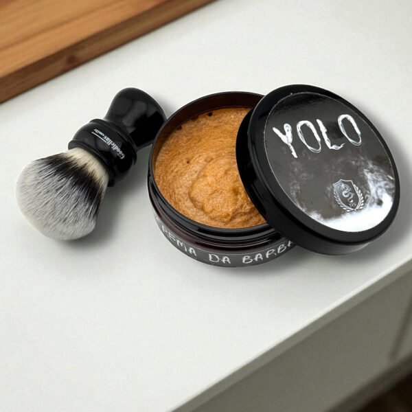 TFS YOLO energizing shaving soap open jar with shaving brush
