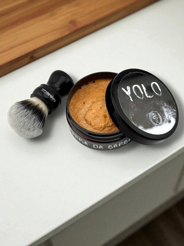 TFS YOLO energizing shaving soap open jar with shaving brush