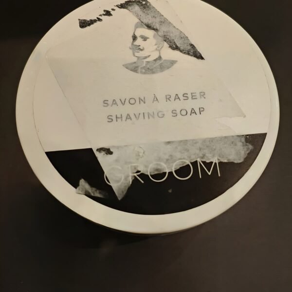 Groom shaving soap thick lather top view open box