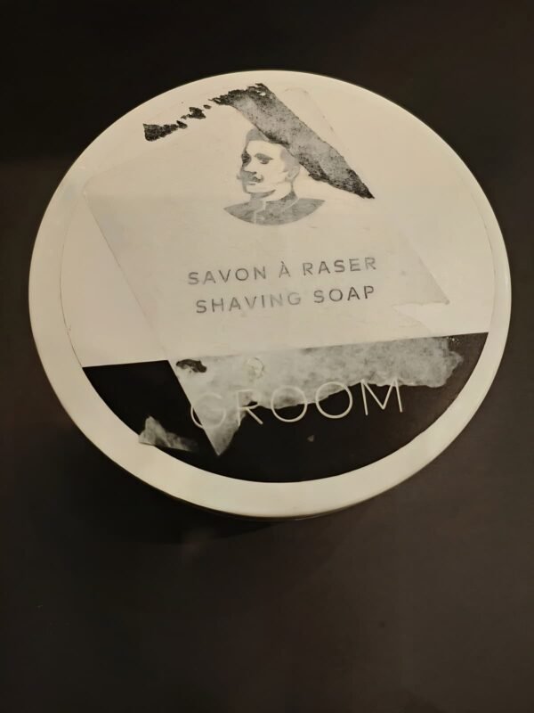 Groom shaving soap thick lather top view open box