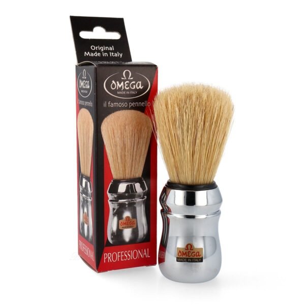 omega-10083-silver-professional-shaving-brush-next-to-box Omega 10083 Silver Professional shaving brush made in Italy