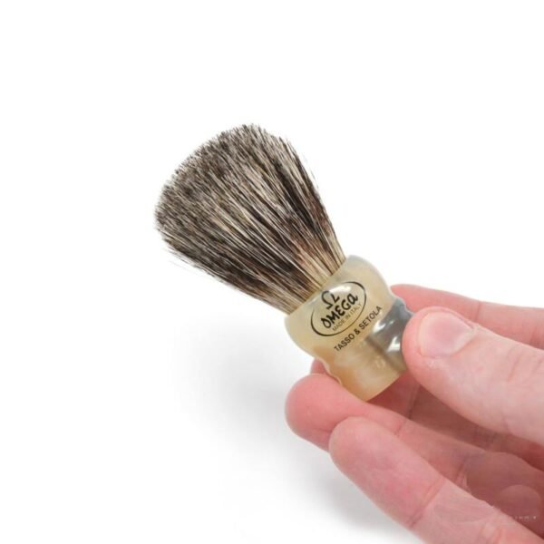 Omega 11047 mixed badger and boar travel shaving brush in hand