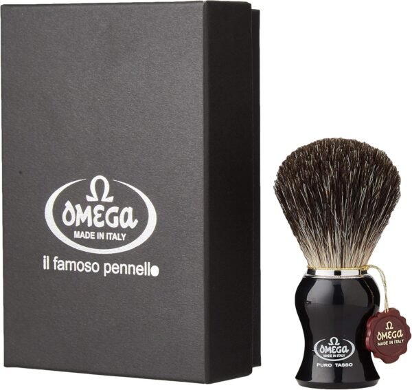 Omega 666 Pure Badger Shaving Brush Next to Box