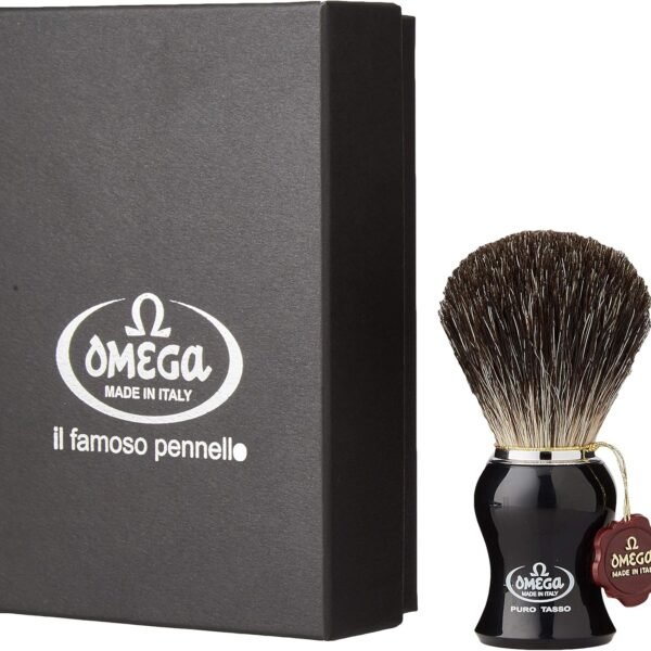 Omega 666 Pure Badger Shaving Brush Next to Box