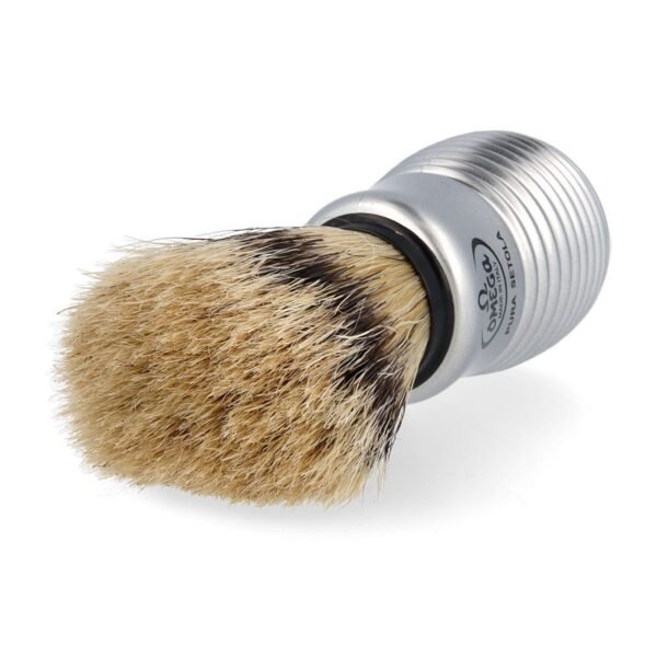Omega 81230 Pure Bristle Shaving Brush with ribbed satin handle closeup