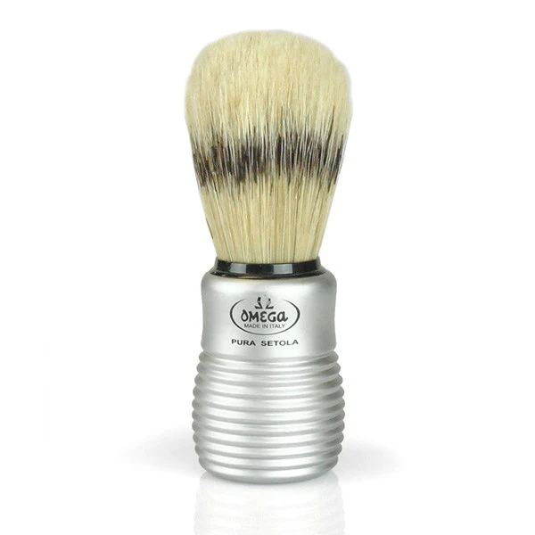 Omega 81230 Pure Bristle Shaving Brush with ribbed satin handle far