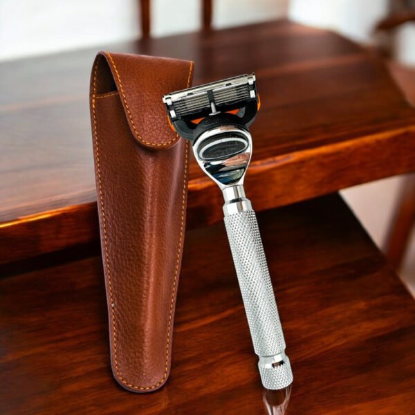 Parker Deluxe Chrome Fusion Compatible Razor with Leather Travel Case on Wood