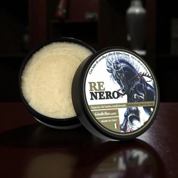 TGS Re Nero shaving soap thick lather brush open on black