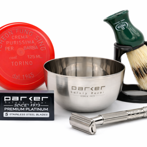 Beginner wet shaving kit with safety razor brush bowl soap and blades