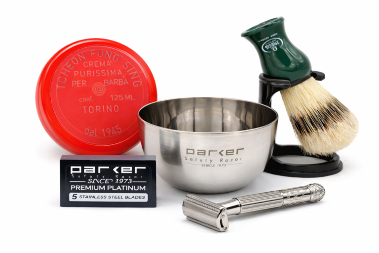 Parker 60R beginner wet shaving kit with safety razor, Omega brush and stand, lather bowl, almond soap and blades
