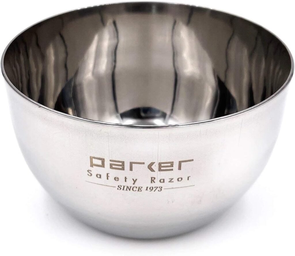 Parker stainless steel shaving bowl with mirror-polished interior and engraved Parker Safety Razor logo