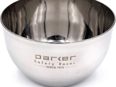 Parker stainless steel shaving bowl with mirror-polished interior and engraved Parker Safety Razor logo