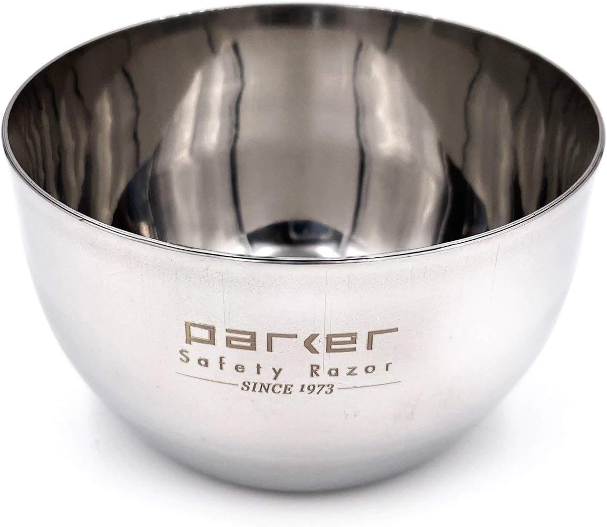 Parker stainless steel shaving bowl with mirror-polished interior and engraved Parker Safety Razor logo