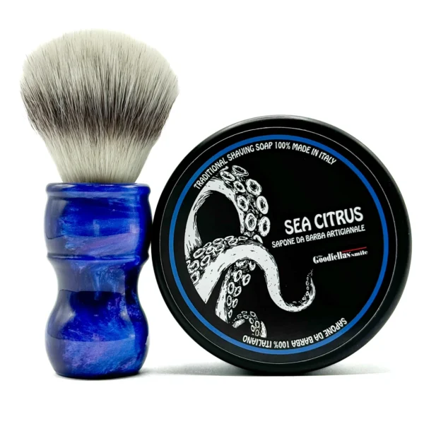 Parker Blue Storm shaving brush and GFS Sea Citrus shave soap gift set clear white