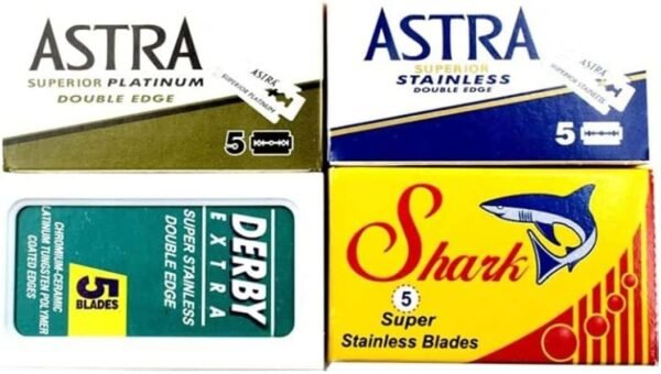 20-count-de-razor-blade-sampler-astra-derby-shark 20 count double edge razor blade sampler with Astra Derby and Shark blades