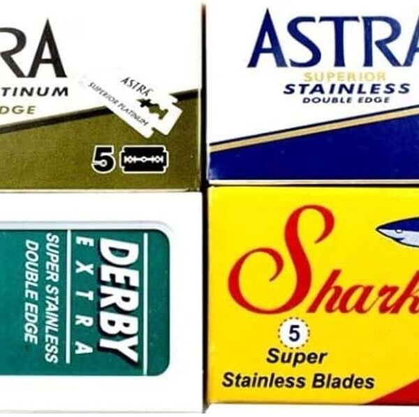20 count double edge razor blade sampler with Astra Derby and Shark blades
