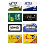 Forty double edge razor blades in eight packets from Astra, Derby, Wilkinson Sword, Dorco and Shark