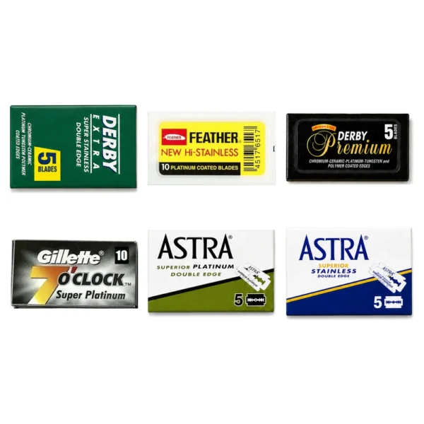 40-count double edge razor blade sampler with Derby, Astra, Feather and Gillette blades 40-count double edge razor blade sampler with Derby, Astra, Feather and Gillette blades