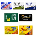 Forty double edge razor blades in seven packets from Iridium, Astra, Derby and Shark
