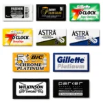 Fifty double edge razor blades in ten packets from Feather, Gillette, Astra, Derby, BiC, Wilkinson Sword and Parker