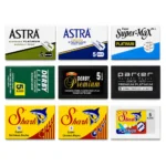 Fifty double edge razor blades in nine packets from Astra, Derby, Parker, Shark and Super-Max, arranged in a grid