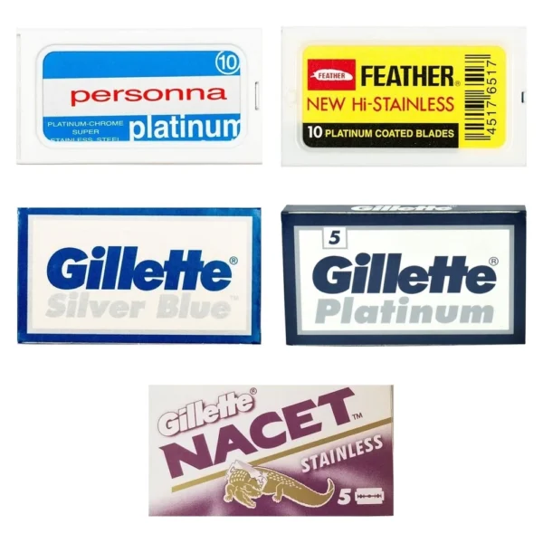 50-count double edge razor blade sampler with Personna, Feather and Gillette blades