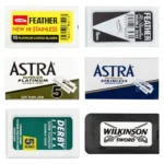 60-count double edge razor blade sampler with Feather, Astra, Derby and Wilkinson blades