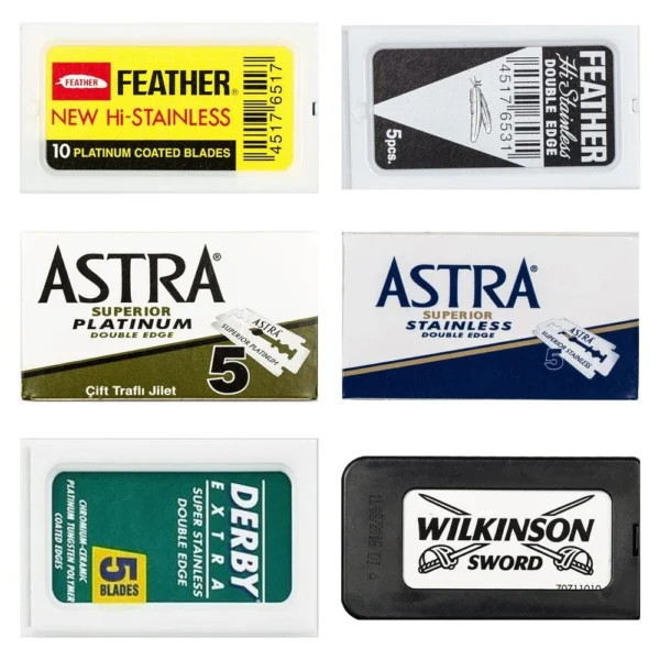 60-count double edge razor blade sampler with Feather, Astra, Derby and Wilkinson blades