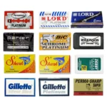 60-count double edge razor blade sampler with Personna, Derby, Perma-Sharp, Lord, Parker, Shark, BIC, Gillette and Wilkinson blades
