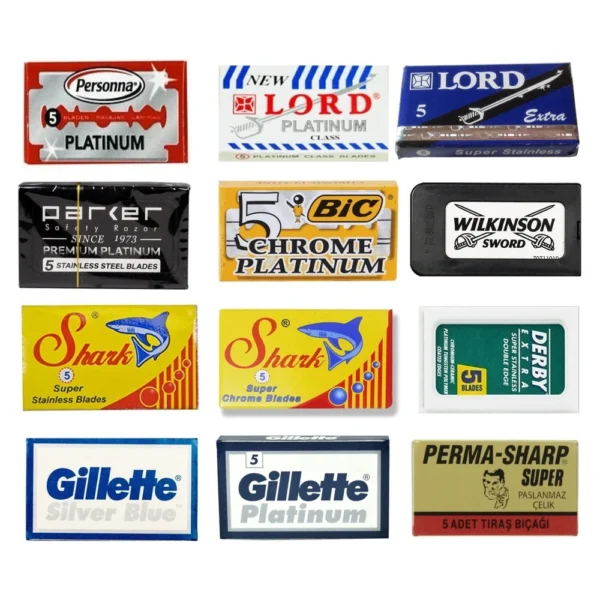 60-count double edge razor blade sampler with Personna, Derby, Perma-Sharp, Lord, Parker, Shark, BIC, Gillette and Wilkinson blades