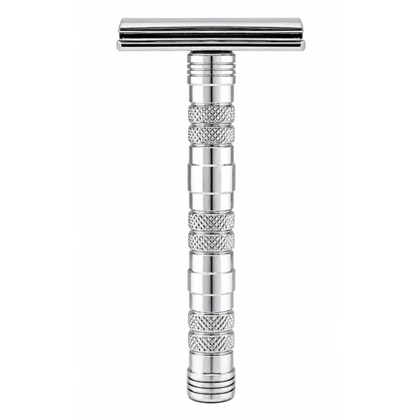 The Goodfellas' Smile Dominus double-edge safety razor in polished chrome, shown upright against a white background