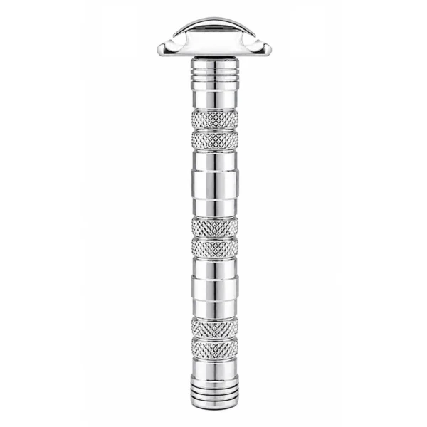 Dominus safety razor viewed end-on, showing the closed-comb head and the ringed detail at the top of the knurled handle