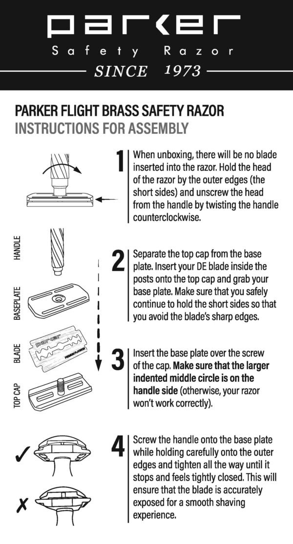 Parker Flight assembly instruction sheet showing how to fit a double edge blade