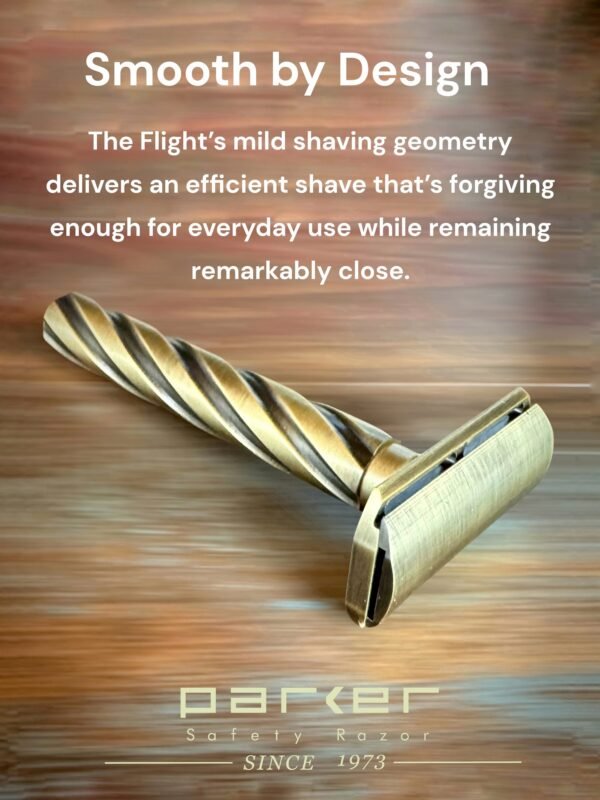 Parker Flight brass safety razor shown on a wood surface