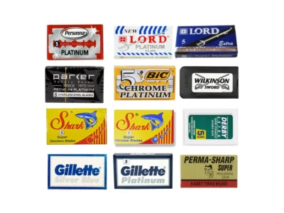 A selection of double edge razor blade packs on a white background