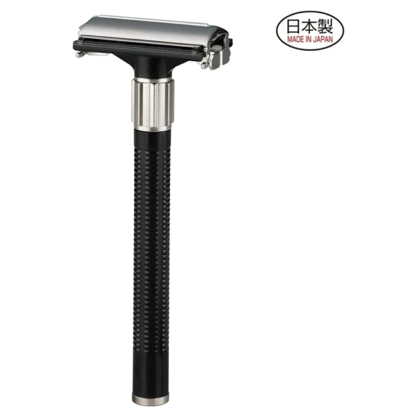 Feather Popular double edge safety razor with black textured handle and chrome head, made in Japan