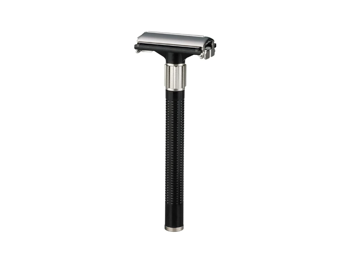 Feather Popular double edge safety razor shown upright on a white background
