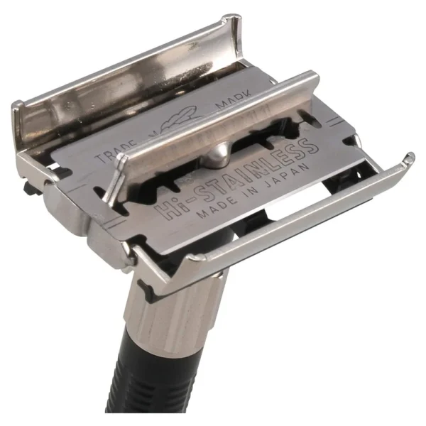 Feather Popular butterfly head open, showing the Hi Stainless blade plate marked Made in Japan