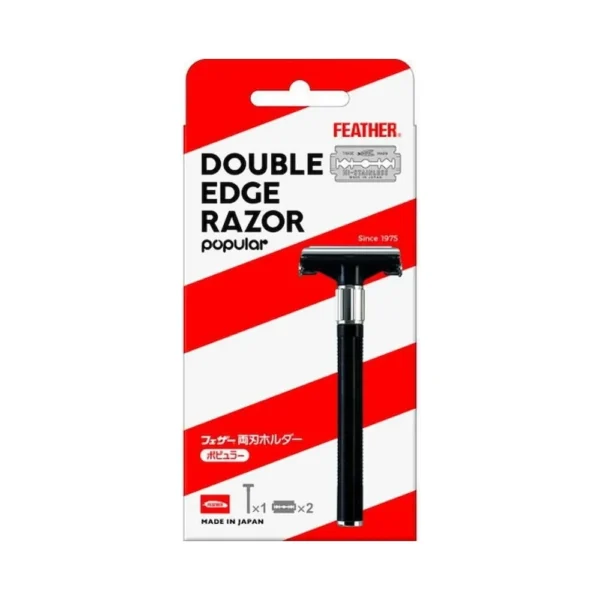 Front of the new Feather Popular retail pack in red and white, showing the razor and two blades