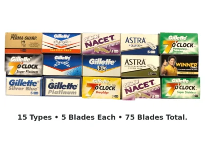 Gillette blade sampler with 15 double edge blade types, 75 blades total
