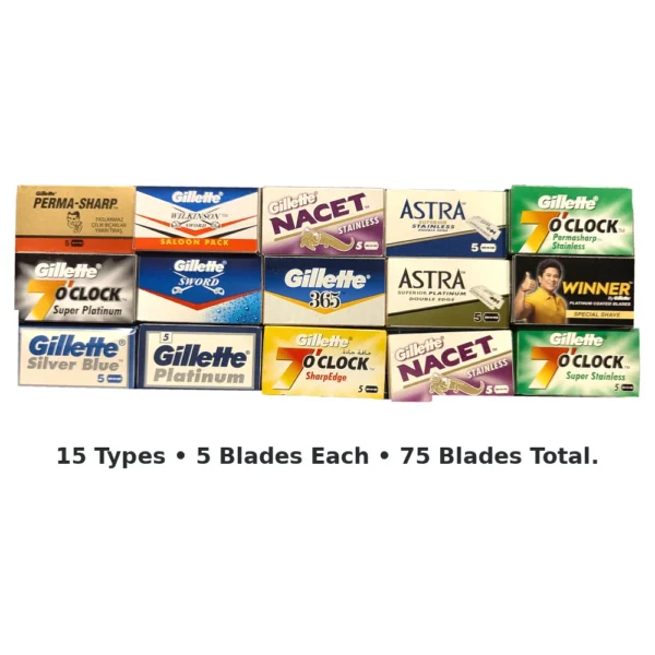 Gillette blade sampler with 15 double edge blade types, 75 blades total