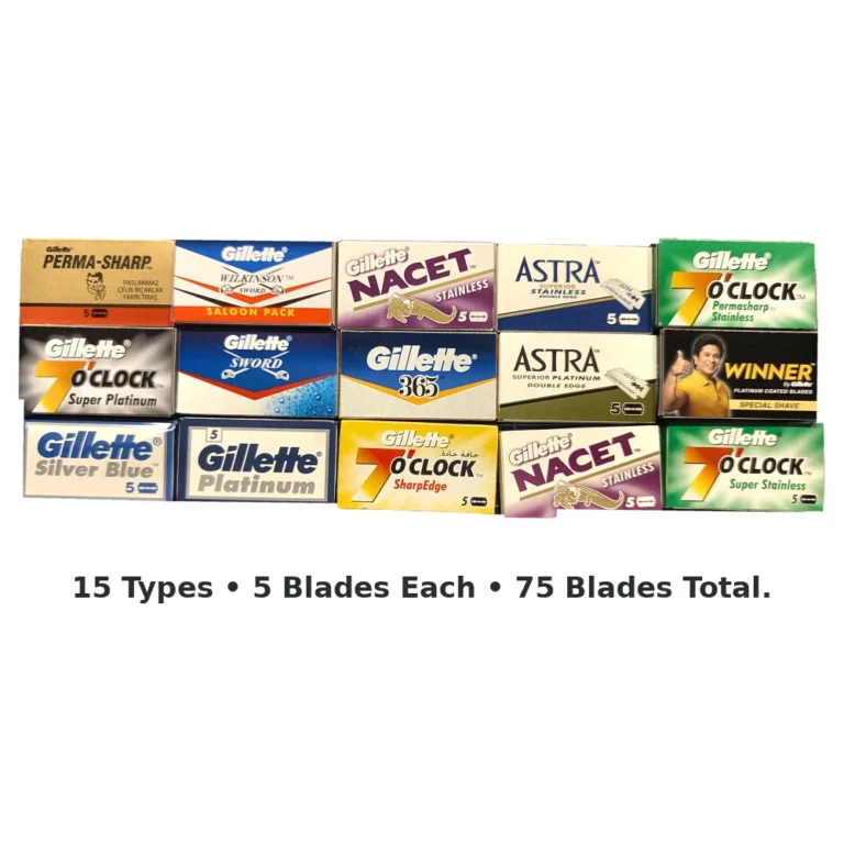 Gillette double edge blade sampler, 75 blades in 15 types