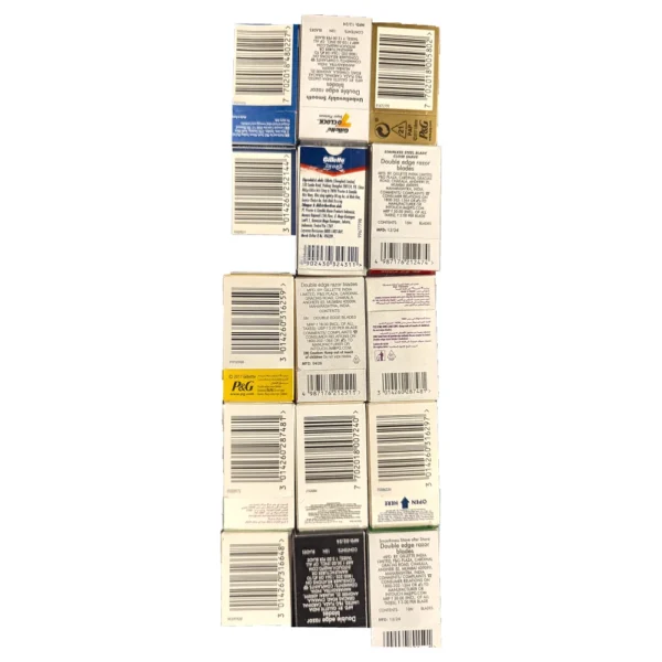 Back of 15 Gillette-family razor blade packs showing manufacturing details