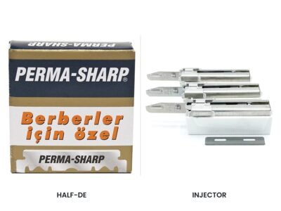 Perma-Sharp half double edge blades beside Parker injector blades in their cartridge, showing the two single edge formats side by side
