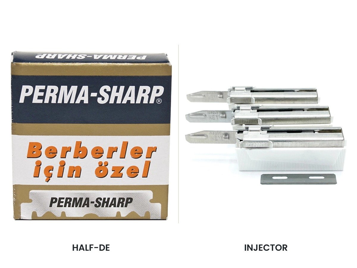 Perma-Sharp half double edge blades beside Parker injector blades in their cartridge, showing the two single edge formats side by side