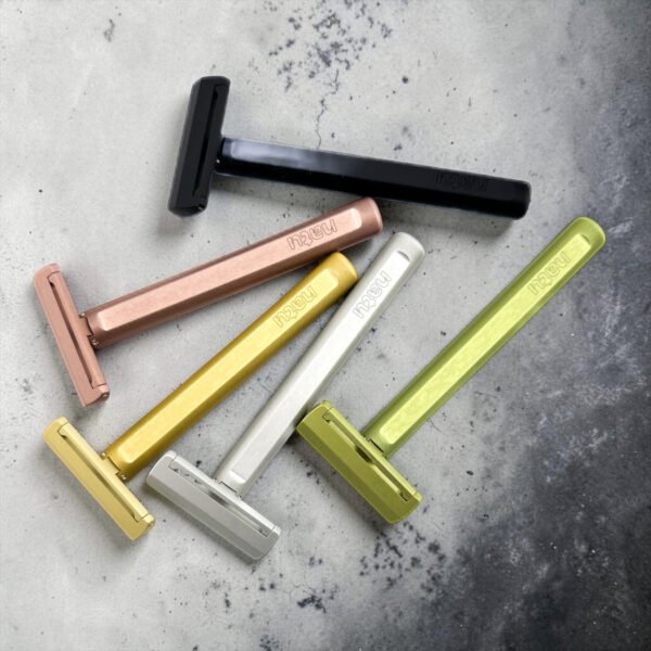 All five colours of the NATU single edge pivot head safety razor side by side